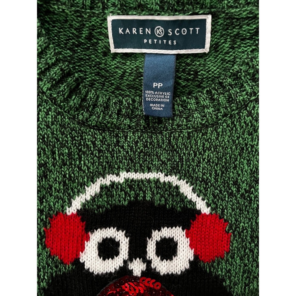 Karen Scott Petites Green Owl Christmas Sweater Women's PP - Picture 3 of 3